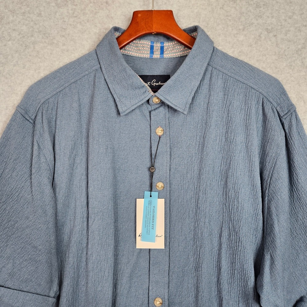 Robert Graham Hammond Slate Blue Textured Short Sleeve Shirt 3XL Tailored Fit